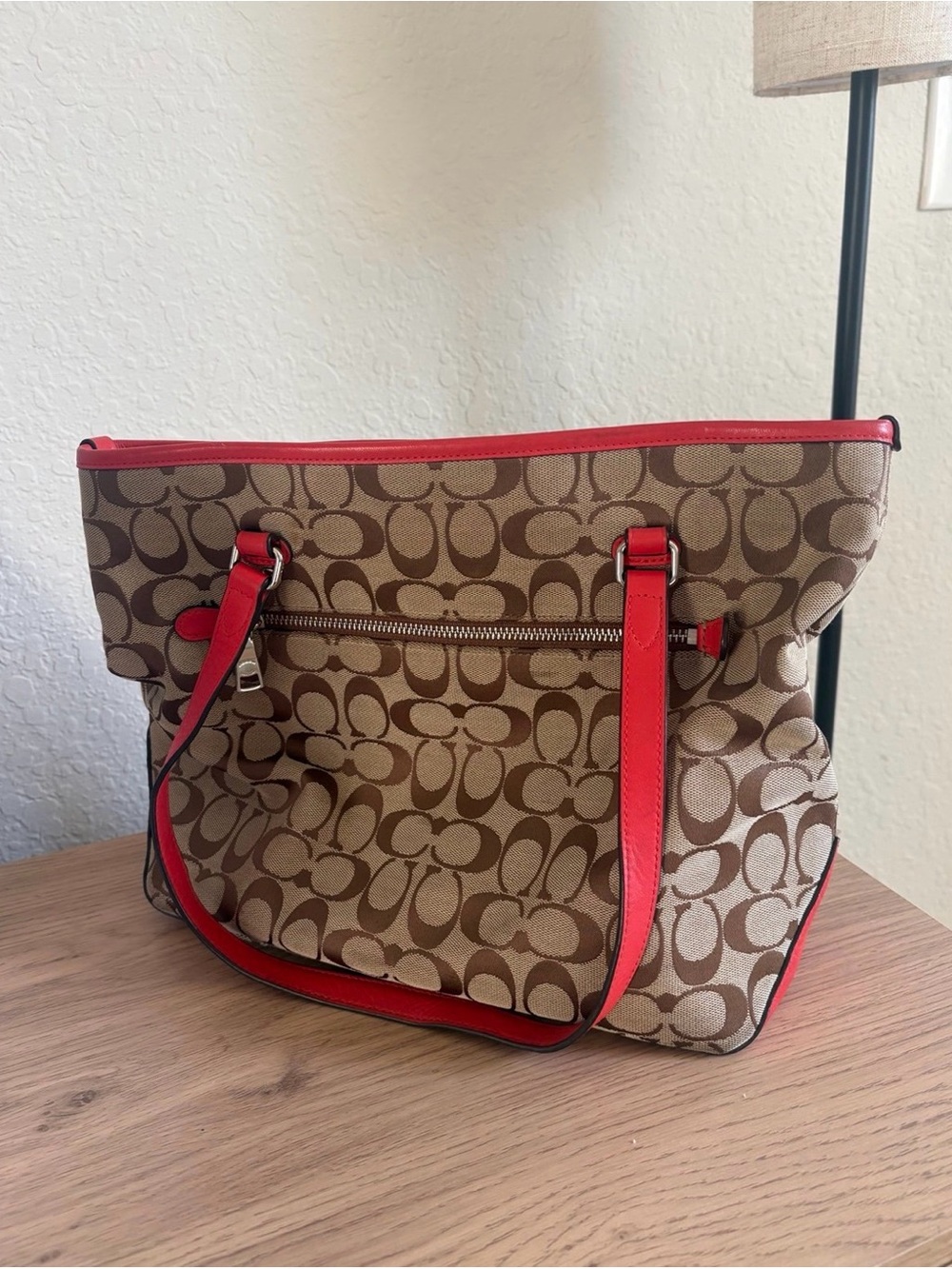Coach Brown Signature Canvas Tote with Red Trim - Picture 2 of 7